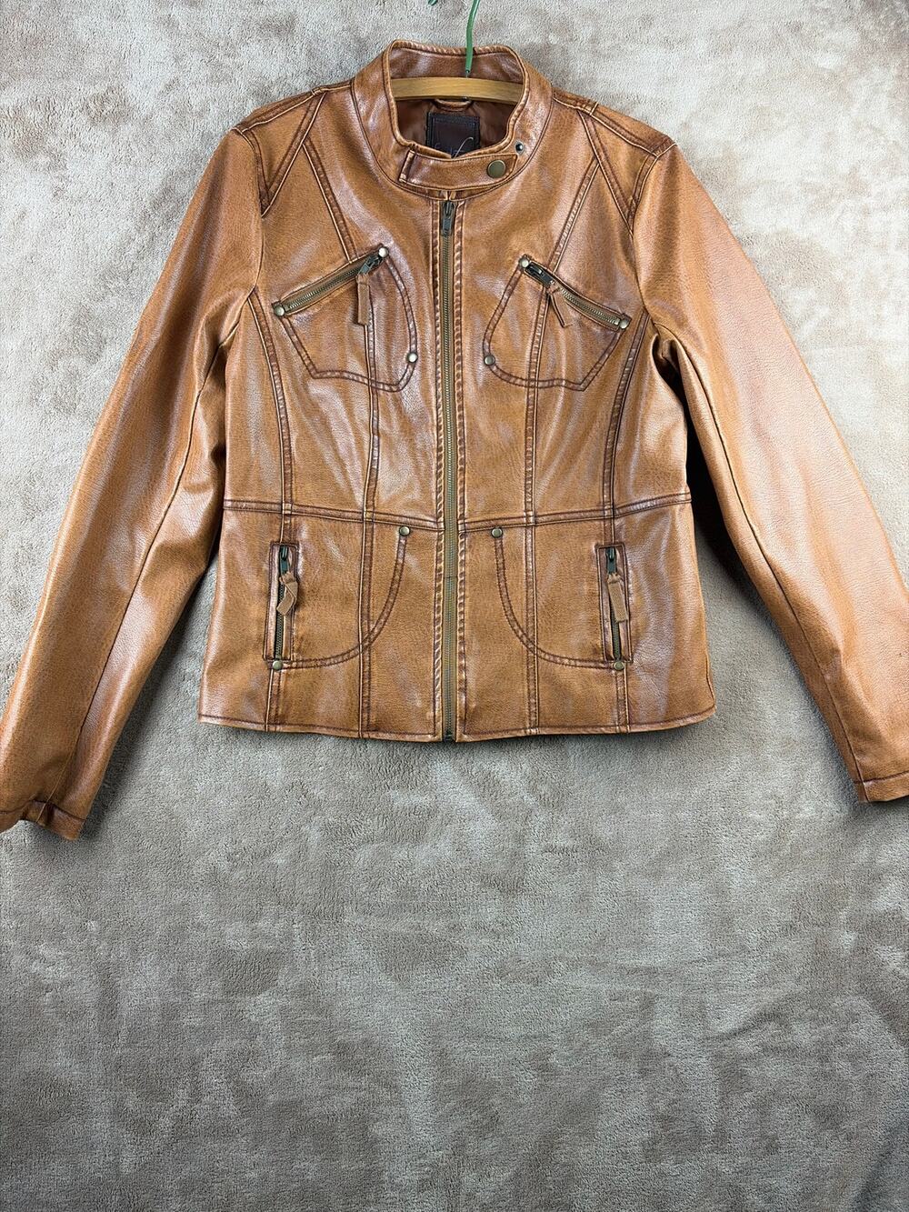 Frida G London Faux Leather Moto Jacket Cognac Tan Brown Womens Size L Large